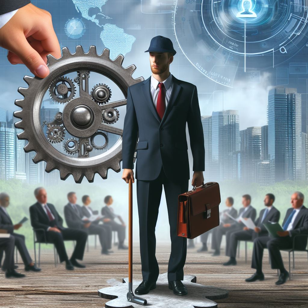 A bearded man wearing a plain blue Sherlock Holmes style hat, a white dress shirt and red tie with a black business suit, holding a brown briefcase in one hand and an object resembling a golf club with a gun barrel in the other, atop a gray flower shaped pedestal, afore a giant hand holding a large cog with inner gears, flanked on either side by blurry figures in business suits, seated in thin legged office chairs, holding various folders, set against a background consisting of a city skyline with a cloud representing the North American continent