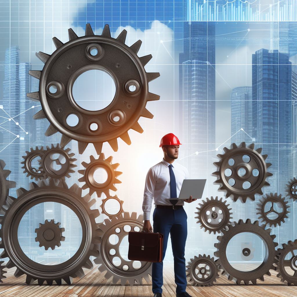 a man wearing a red hard hat, white dress shirt, blue tie and blue dress slacks, holding an open laptop in one hand and a brown briefcase in the other hand, standing on a wood planked floor with an assemblage of floating cogs of varying sizes set against a city skyline with a blueprint style overlay