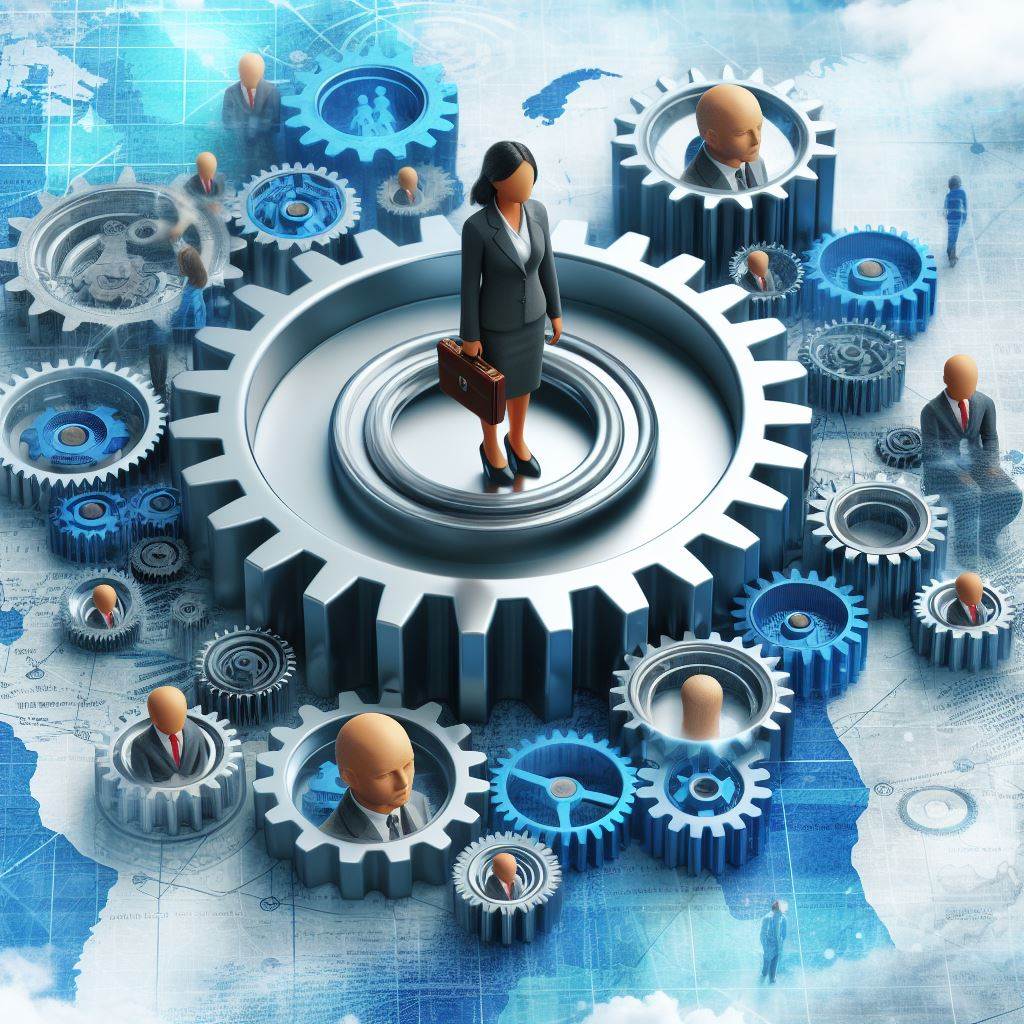 faceless woman in a business suit standing atop a cog surrounded by many smaller cogs with various bald figure busts in business attire, with a blue and white background resembling a geographical map