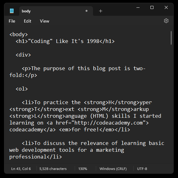screenshot of notepad app with html